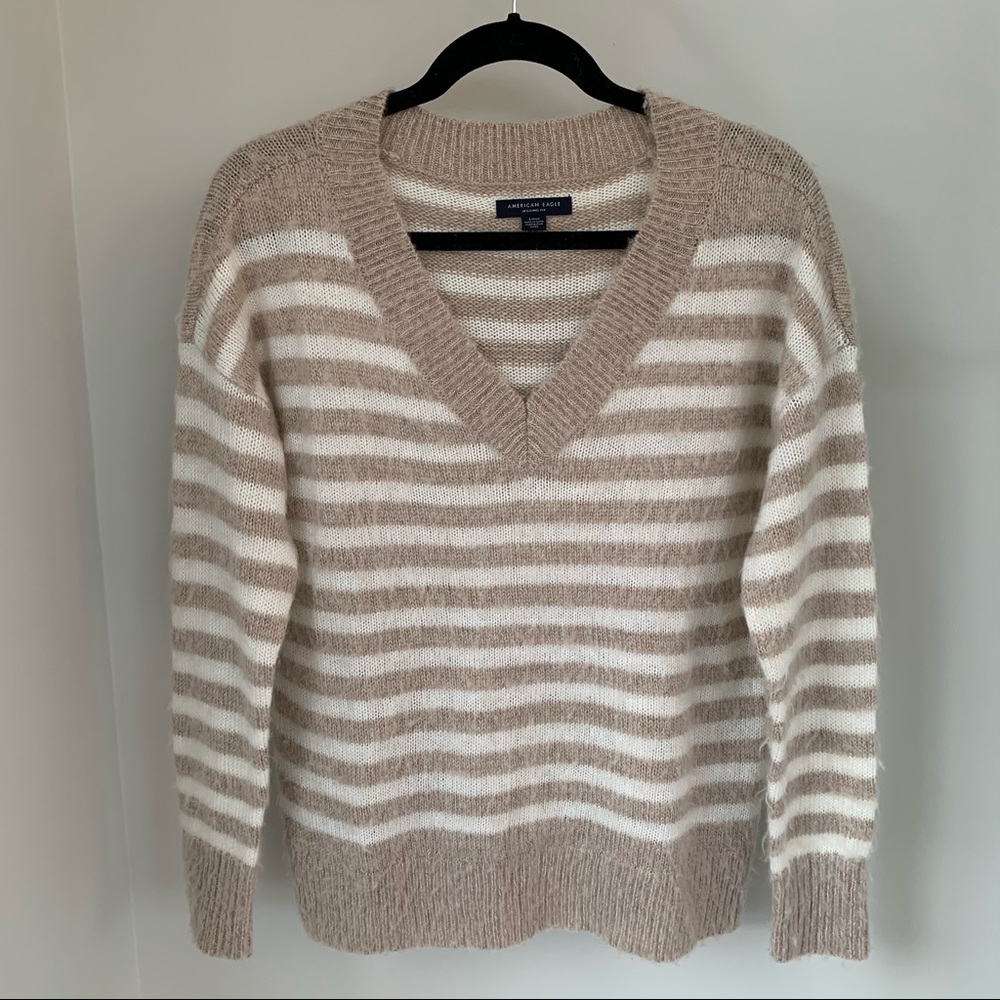 AEO brown and white stripe v-neck sweater